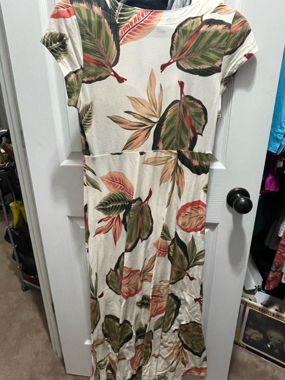 Chaps Cream Maxi Dress with Green and Pink Tropical Leaves